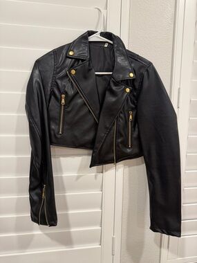 Black Cropped Moto Jacket with Gold Hardware - Women